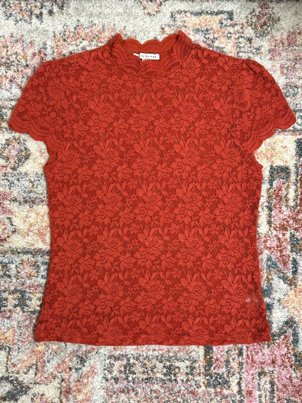 Sheer Lace Short Sleeve Top Scalloped Mock Neck Rust Orange Boho Earthy Romantic
